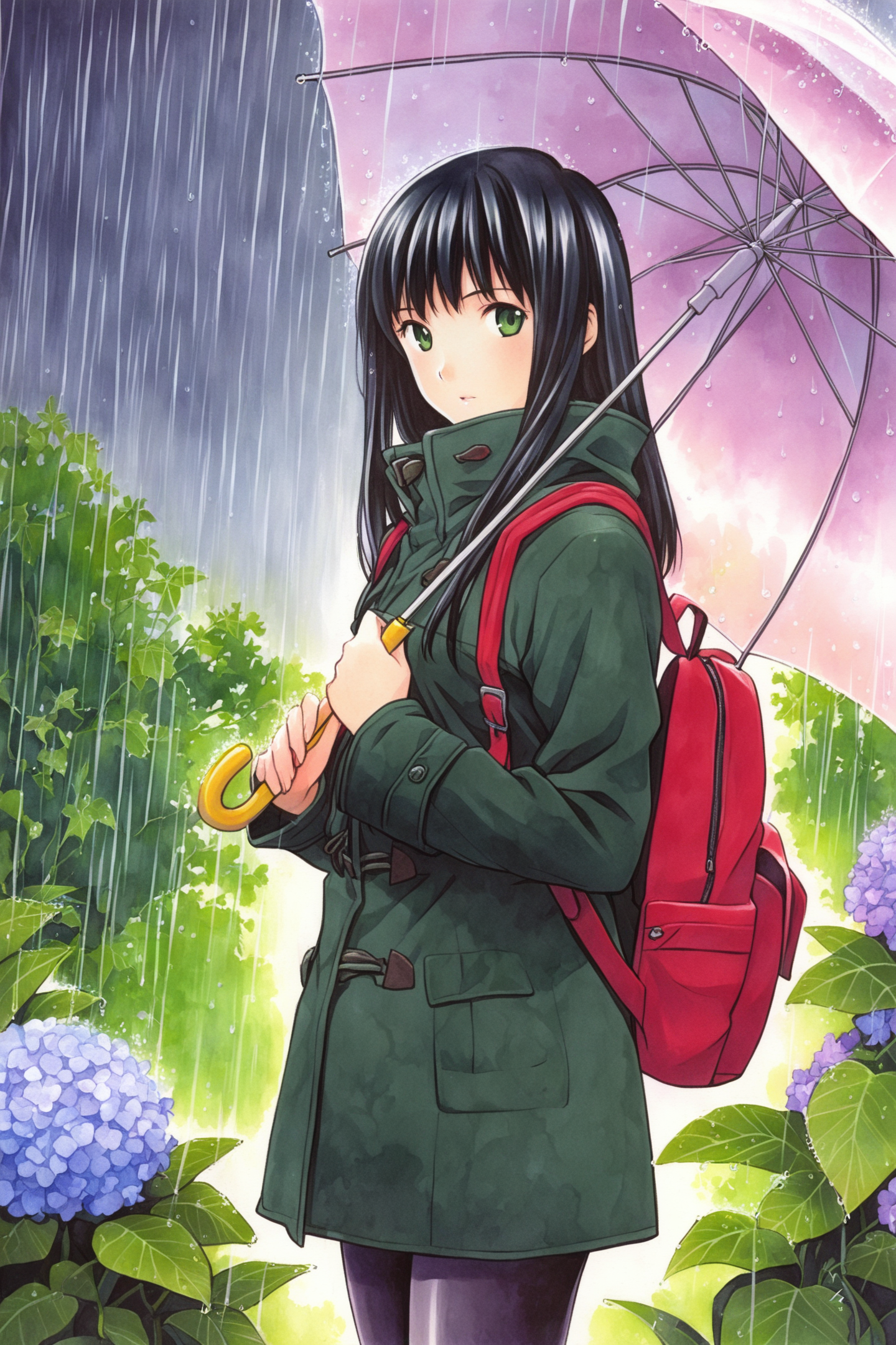 37320-59831032-1girl,solo,pantyhose,umbrella,holding umbrella,bag,long hair,black hair,green coat,green eyes,backpack,rain,traditional media,__.png